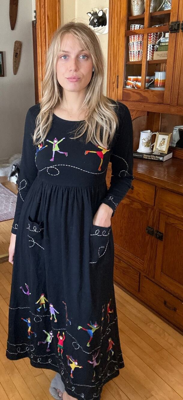 Michael Simon Lite Small Black Maxi Ice Skate Dress Novelty Embroidered Winter